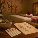 Fine acupuncture needles in their sleeves, dried herbs and a ceramic bowl arranged on a warm walnut surface in our Tirana massage parlour