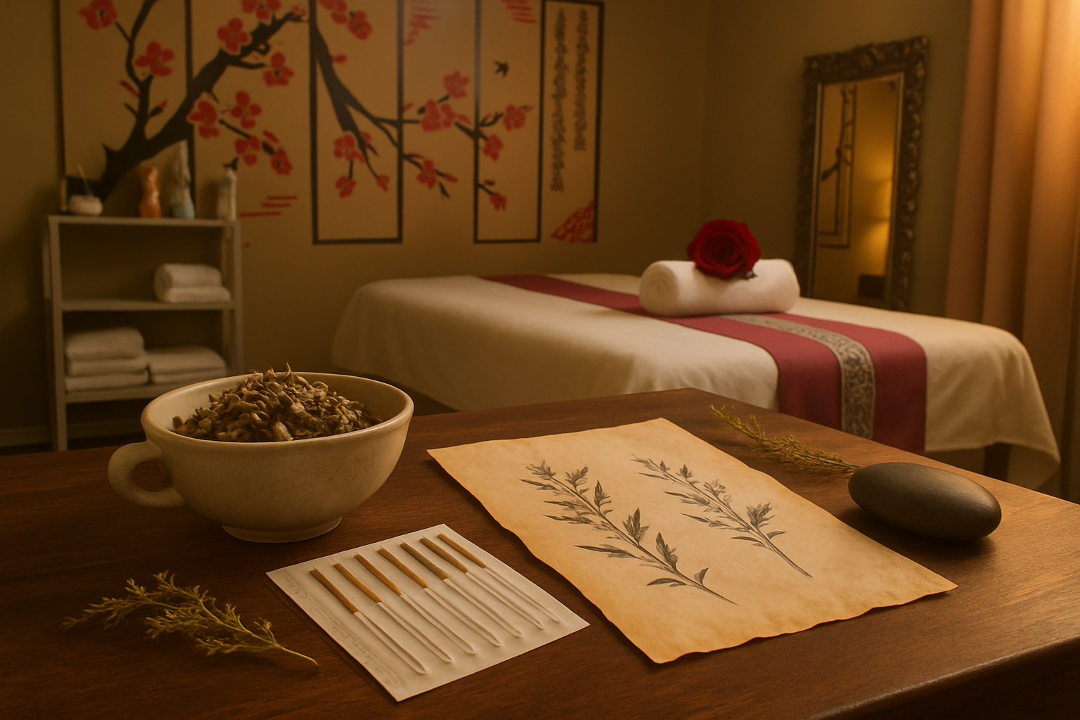 Fine acupuncture needles in their sleeves, dried herbs and a ceramic bowl arranged on a warm walnut surface in our Tirana massage parlour