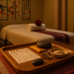 Fine acupuncture needles in sealed sleeves arranged on a burgundy brocade tray alongside a dark stone, dried mugwort and a ceramic moxa dish, in a warm lamplit Chinese massage parlour.