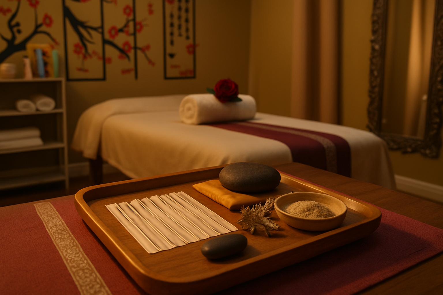 Fine acupuncture needles in sealed sleeves arranged on a burgundy brocade tray alongside a dark stone, dried mugwort and a ceramic moxa dish, in a warm lamplit Chinese massage parlour.