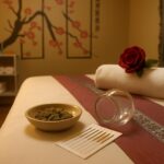 Acupuncture needles in their sleeves, a ceramic herb dish and a cupping glass arranged on the massage bed in the warm parlour light