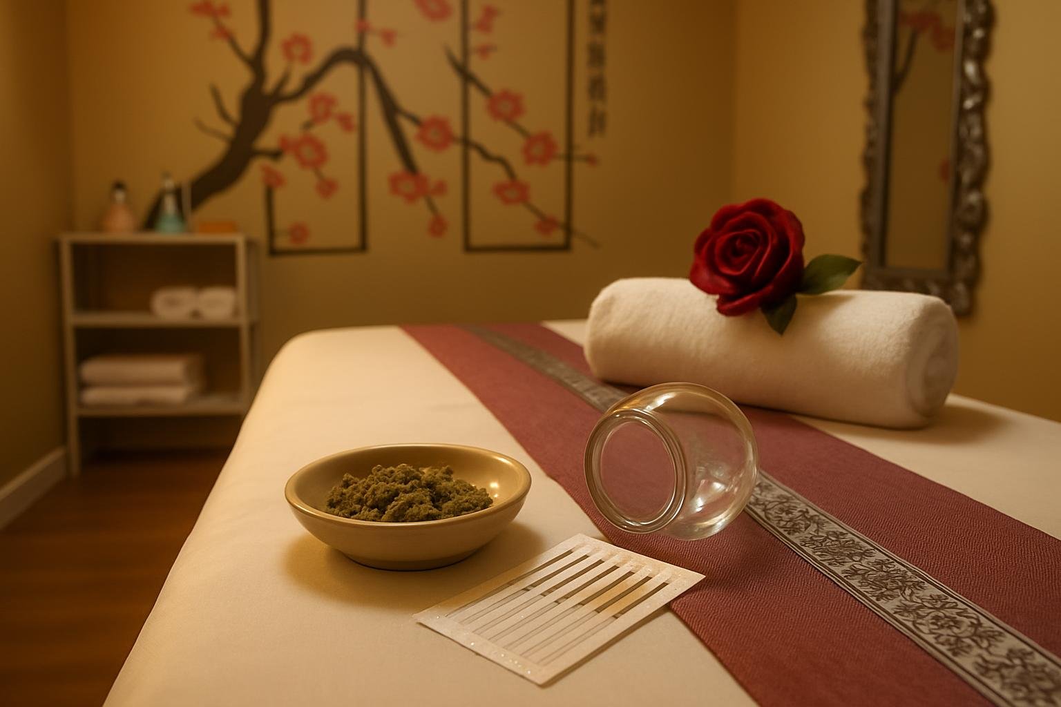 Acupuncture needles in their sleeves, a ceramic herb dish and a cupping glass arranged on the massage bed in the warm parlour light