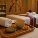 Acupuncture needles resting on a stone beside a ceramic tea bowl and dried chrysanthemum on a massage bed tray, warm lamplight, Chinese parlour interior