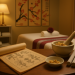 Dried chrysanthemum flowers and a classical Chinese herbal scroll on a side table in a warm Tirana massage parlour