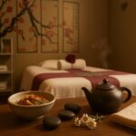 Dried herbs, a clay teapot and smooth stones on a walnut surface in a warm Chinese massage parlour