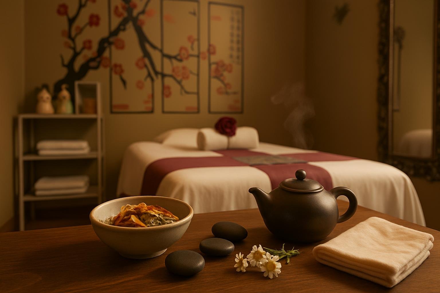 Dried herbs, a clay teapot and smooth stones on a walnut surface in a warm Chinese massage parlour