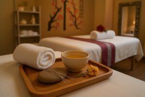 Acupuncture needles resting on a stone beside a ceramic tea bowl and dried chrysanthemum on a massage bed tray, warm lamplight, Chinese parlour interior