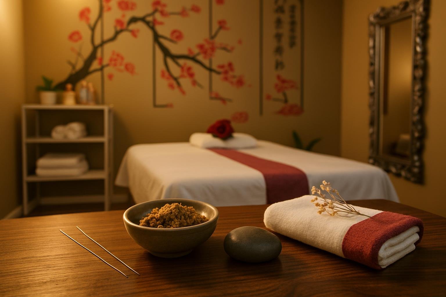 Acupuncture needles, dried herbs, and a folded white towel with a burgundy edge on a warm wooden surface in a Chinese massage parlour