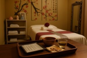 Acupuncture needle packets, dried herbs and a pale herbal tea arranged on a dark walnut tray in a warm Chinese massage parlour in Tirana