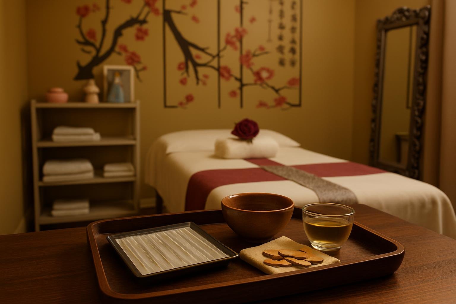 Acupuncture needle packets, dried herbs and a pale herbal tea arranged on a dark walnut tray in a warm Chinese massage parlour in Tirana