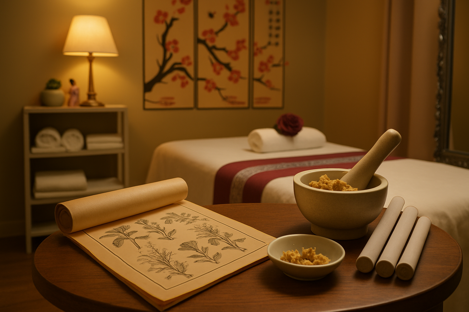 Dried chrysanthemum flowers and a classical Chinese herbal scroll on a side table in a warm Tirana massage parlour